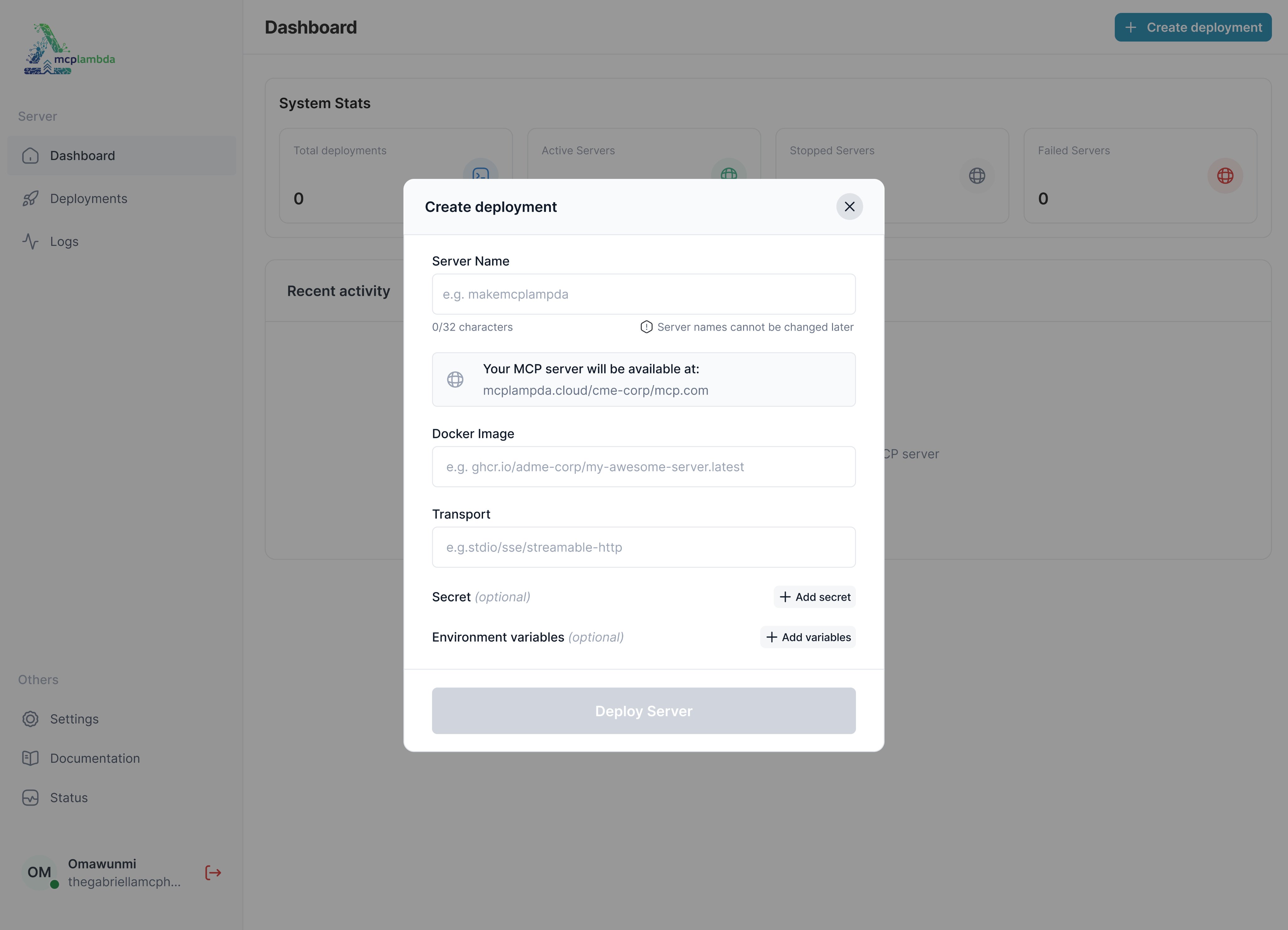 MCP Lambda dashboard interface showing server deployment status, metrics, and configuration options
